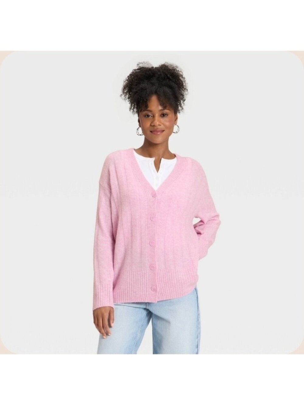 Women's V-Neck Knit Ribbed Cardigan Sweater - Universal Thread™ Pink M (WL114)
